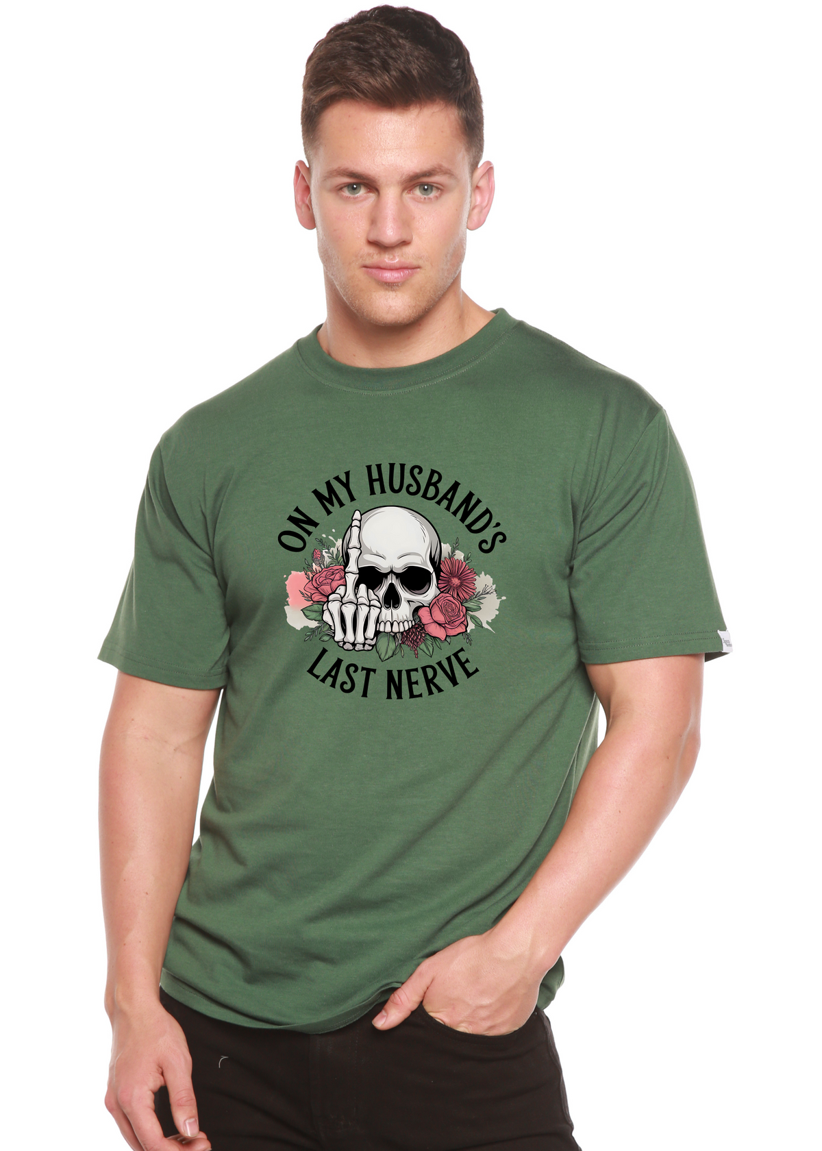 Unisex bamboo and cotton graphic T-shirt with "On My Husband's Last Nerve" print by Spun Bamboo, casual men's apparel.