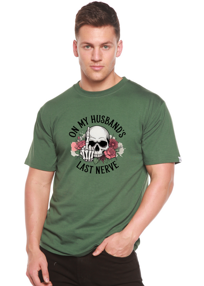 Unisex bamboo and cotton graphic T-shirt with "On My Husband's Last Nerve" print by Spun Bamboo, casual men's apparel.