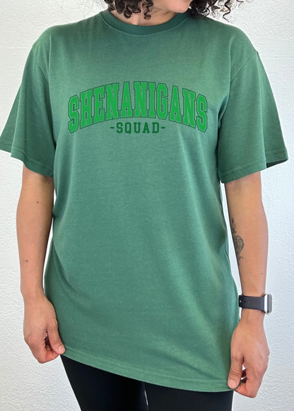 Mens unisex bamboo and cotton graphic T-shirt from Spun Bamboo featuring the Shenanigans Squad design and printed artwork.