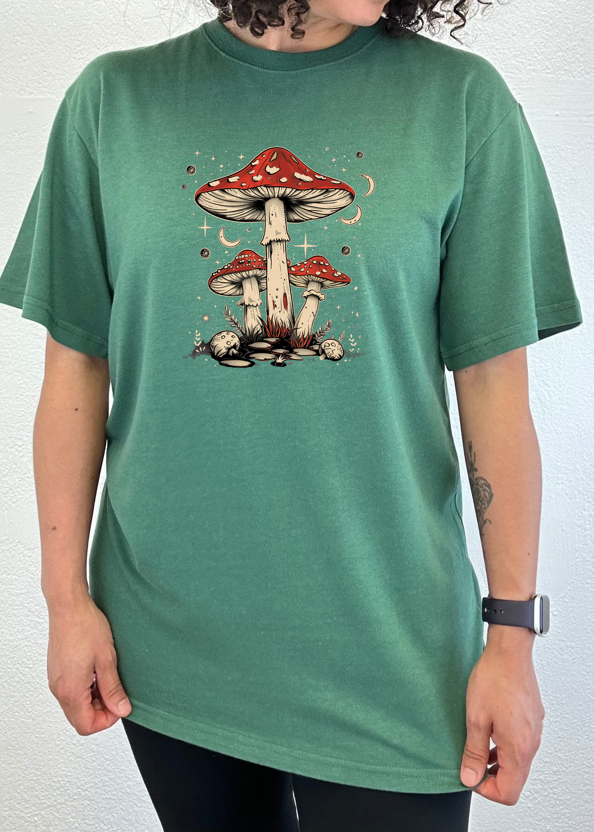 Mens Spun Bamboo boho retro hippie mushroom graphic T-shirt with natural bamboo and cotton fabric, unisex style, featuring colorful mushroom print.