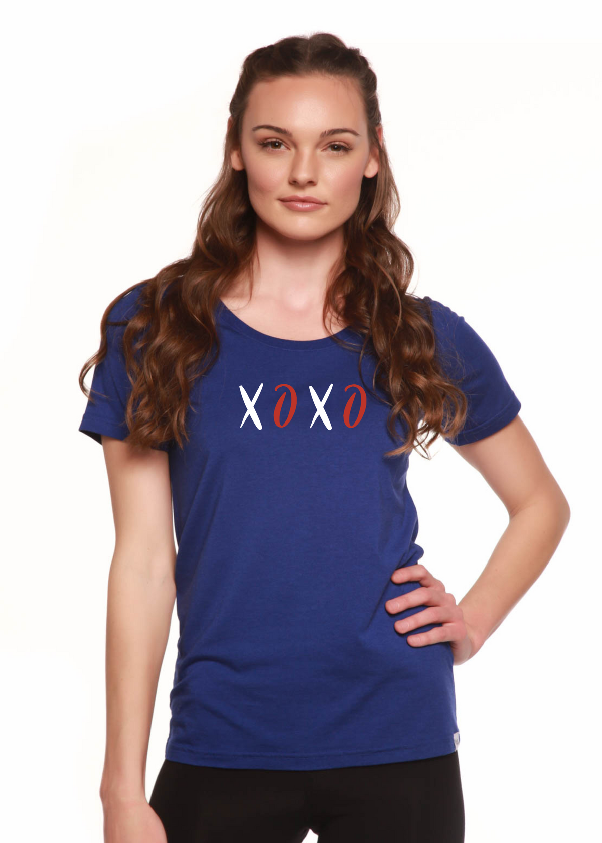Spun Bamboo XOXO women's bamboo sleeve scoop neck graphic T-shirt with printed design, casual and comfortable fit.