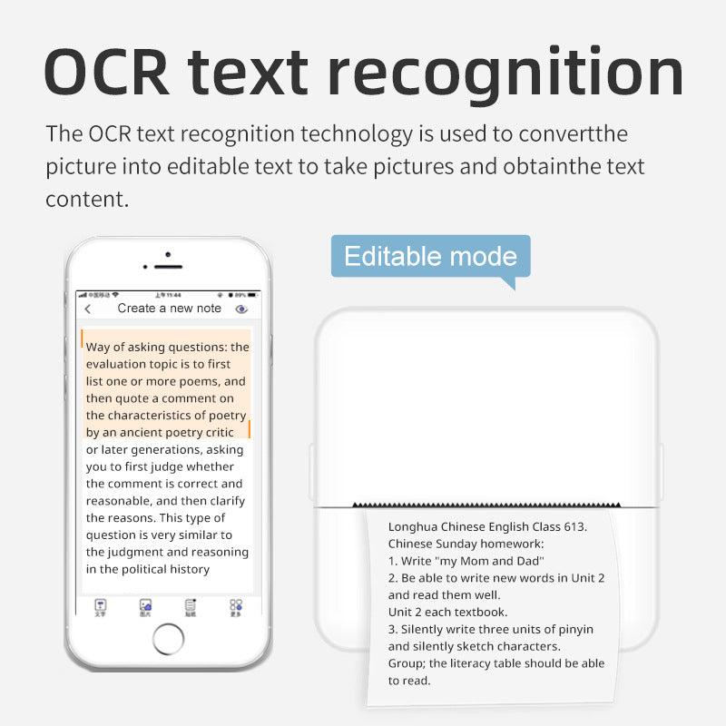 Portable thermal printer for wrong questions, compact white printer with printed worksheet paper