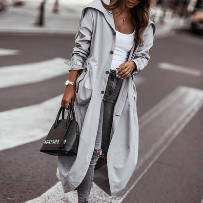 Women's casual lapel mid-length trench coat in a fashion-forward style, front view