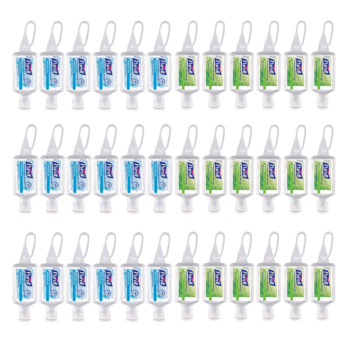 PURELL Advanced Hand Sanitizer Variety Pack Naturals and Refreshing Gel 1 fl oz Travel Size Flip Cap Bottle with JELLY WRAP Carrier (Pack of 36) - 3900-36-CMRFRAG