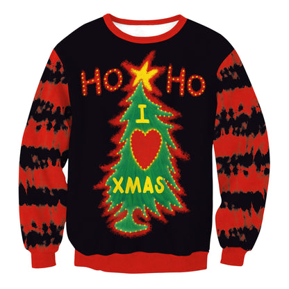 Men's Christmas tree striped digital print couple sweater in festive multicolor knit design