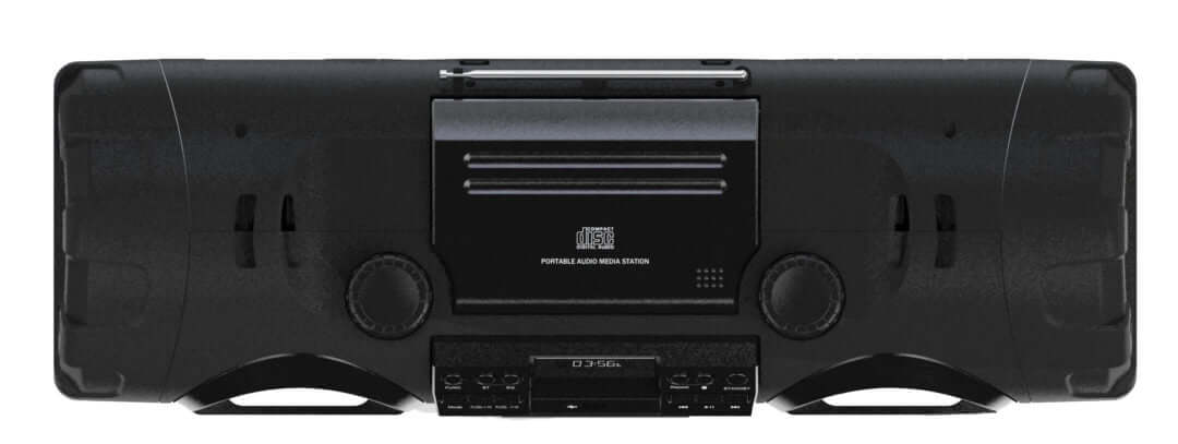 Naxa MP3/CD bass reflex boombox with Bluetooth connectivity, featuring built-in speakers and control panel on top.