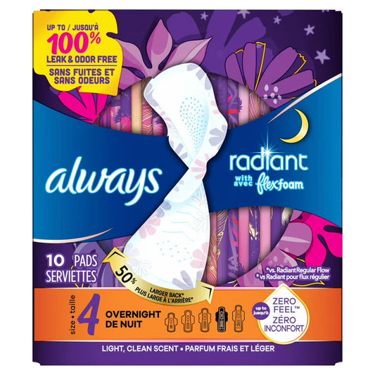 Always Radiant Size 4 Overnight FlexFoam Pads with Wings by Pasteur Pharmacy, showing 10 feminine pads with wings for overnight protection.