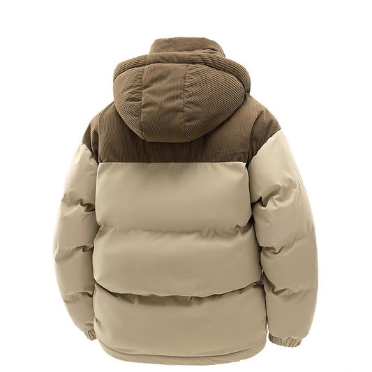 Women's thick corduroy patchwork jacket with stand collar, zip-up front, and long sleeves