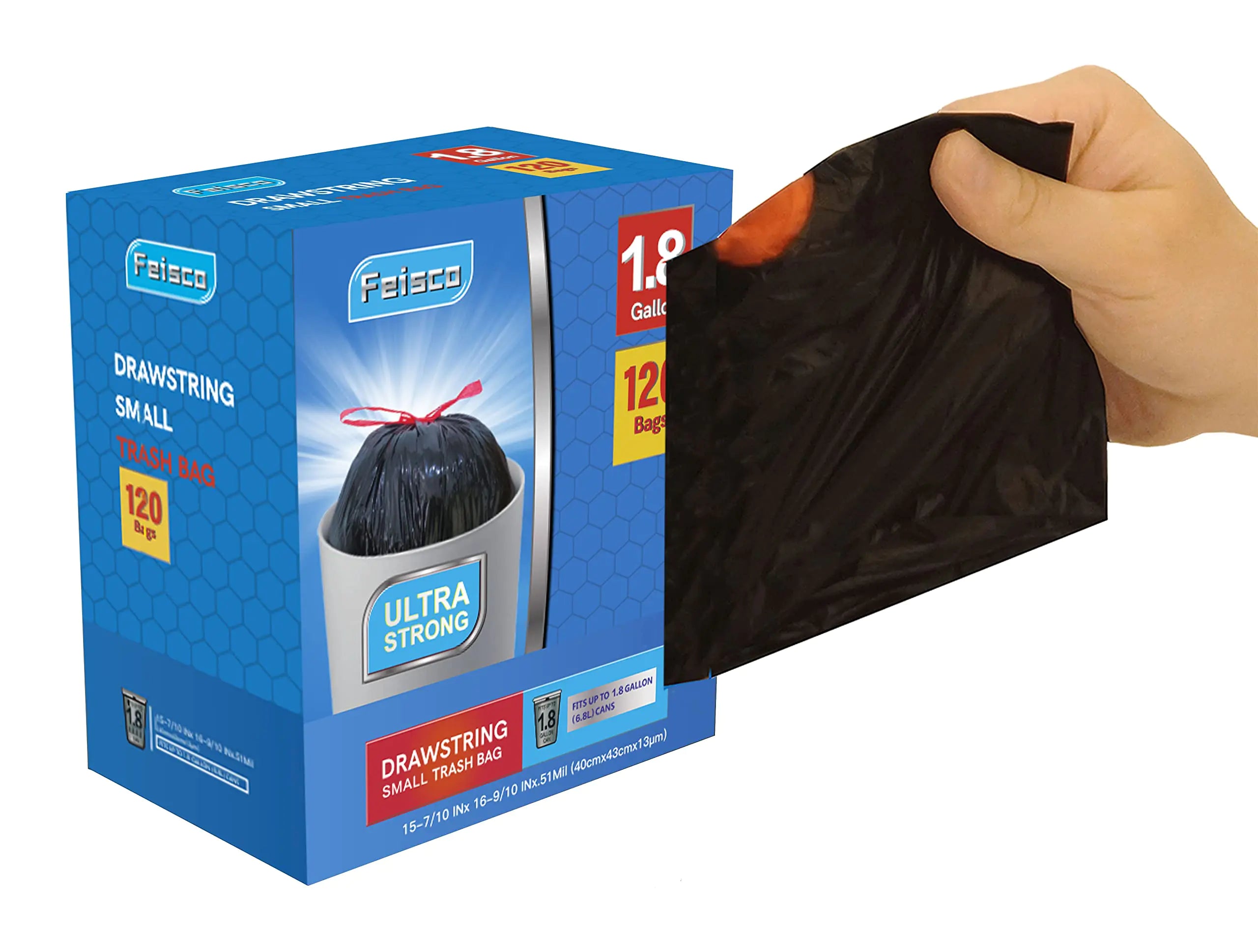Feisco 1.8 Gallon Black Trash BagSmall Drawstring Garbage Bag Trash Can Liner120 Counts0.51 Mil
