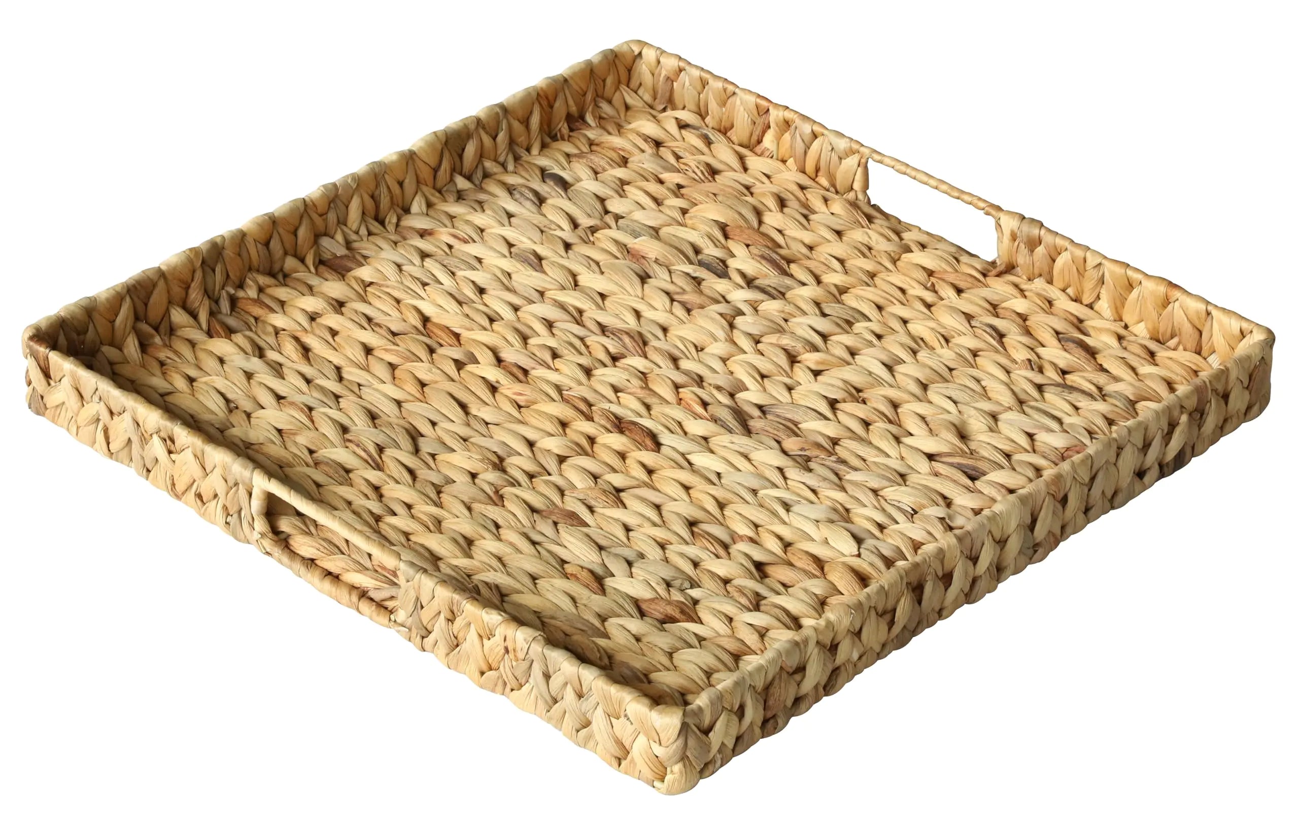 Square Ottoman Table Tray 19.7" with Handles - Water Hyacinth Wicker Serving Tray for Farmhouse Decorative Oversized Coffee Table Trays Living Room Kitchen Counter Breakfast (Flush Edge)