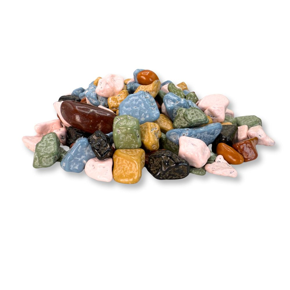Kimmie Candy Choco Rocks chocolate pebbles in a bulk value bag, showcasing crunchy, chocolatey candy pieces from Candy In Bulk.
