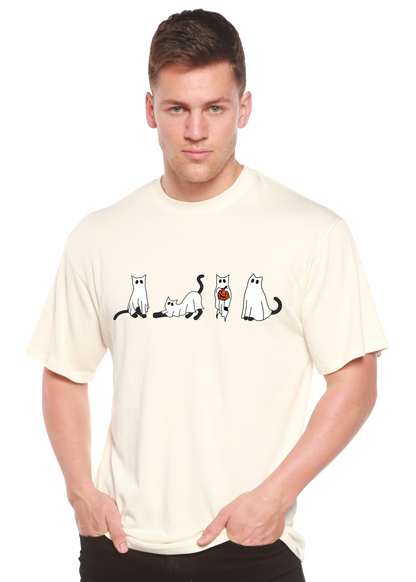 Men's Halloween Cats graphic T-shirt by Spun Bamboo, short sleeve, made of bamboo viscose and organic cotton with cat-themed print.