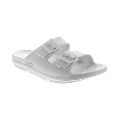 White Sovella Active Recovery Sandals for women with PF buckle slide from Lucky Feet Shoes, featuring comfortable open-toe design.