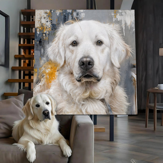 Customized pet portrait canvas wall art featuring an abstract design, showcasing vibrant colors and a personalized pet image.