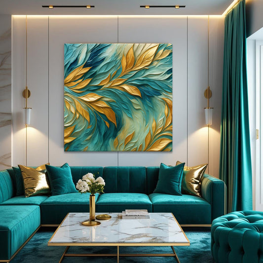 Abstract gold and blue frosty canvas wall art by Tailored Canvases, featuring vibrant gold accents and cool blue tones.