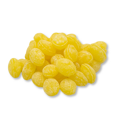 Claeys Lemon Sanded Drops hard candy in bulk, featuring bright yellow lemon-flavored candies with a textured sanding sugar coating.