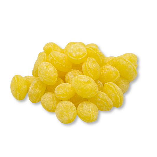 Claeys Lemon Sanded Drops hard candy in bulk, featuring bright yellow lemon-flavored candies with a textured sanding sugar coating.