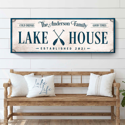 Personalized Lake House Sign IV on canvas by Tailored Canvases, featuring custom text and lake-themed design.