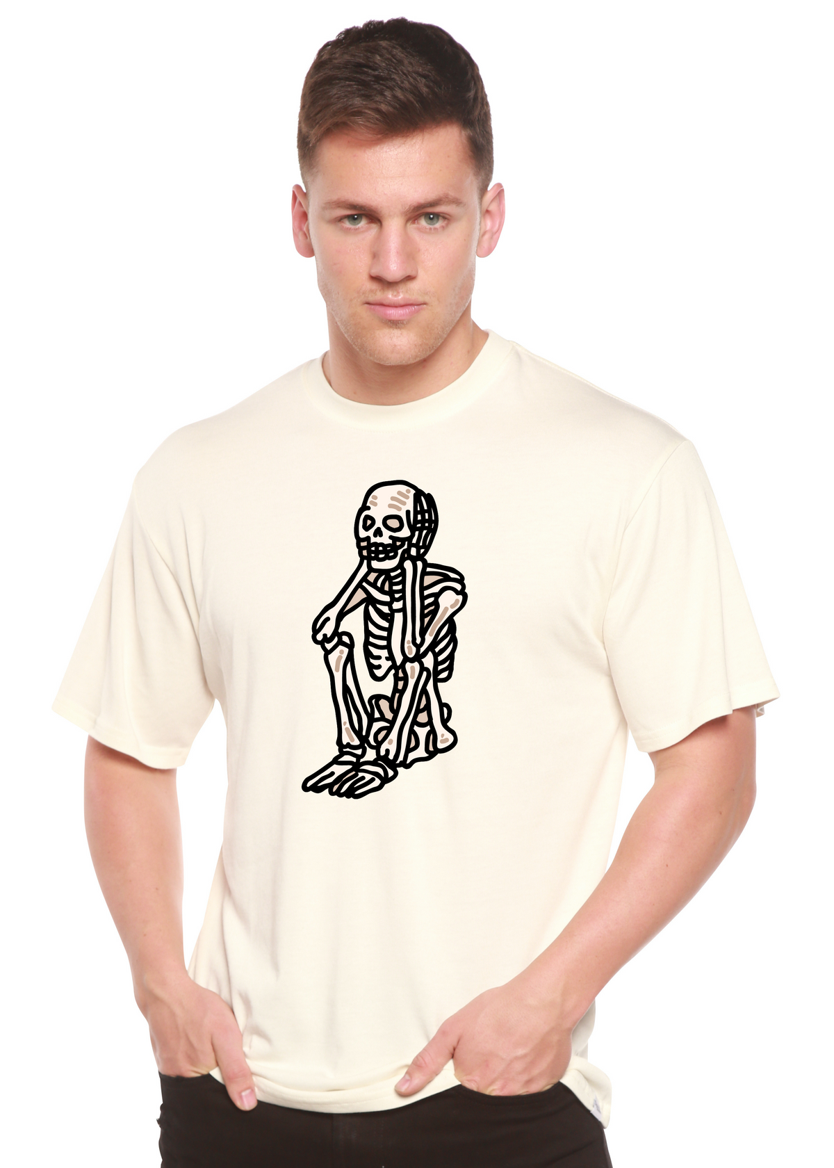Men's Sad Skeleton Halloween graphic t-shirt by Spun Bamboo, short sleeve organic cotton and bamboo viscose fabric, featuring spooky skeleton design.