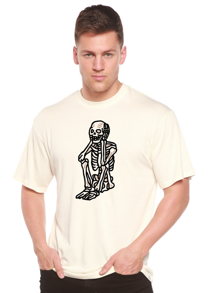 Men's Sad Skeleton Halloween graphic t-shirt by Spun Bamboo, short sleeve organic cotton and bamboo viscose fabric, featuring spooky skeleton design.