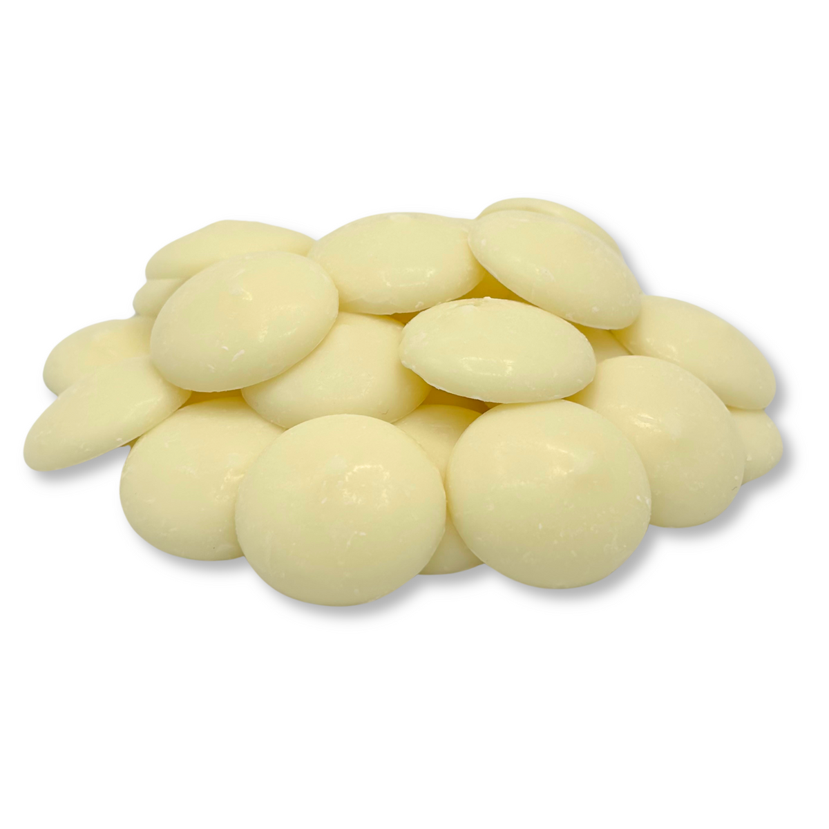 White vanilla-flavored Candy In Bulk chocolate coating and melting wafers in a large bulk bag, ideal for candy making.