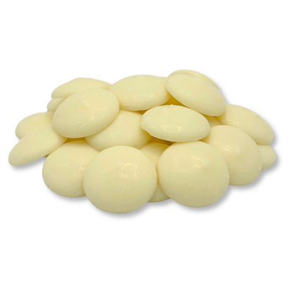 White vanilla-flavored Candy In Bulk chocolate coating and melting wafers in a large bulk bag, ideal for candy making.