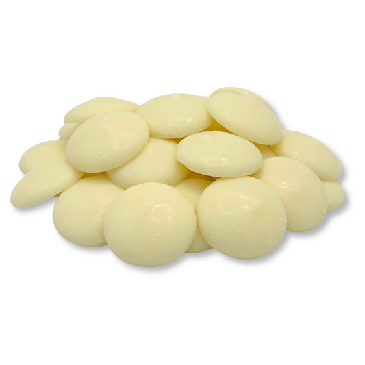 White vanilla-flavored Candy In Bulk chocolate coating and melting wafers in a large bulk bag, ideal for candy making.