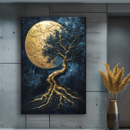 Lunar Tree of Life wall art canvas by Tailored Canvases featuring a celestial tree design on a textured background.