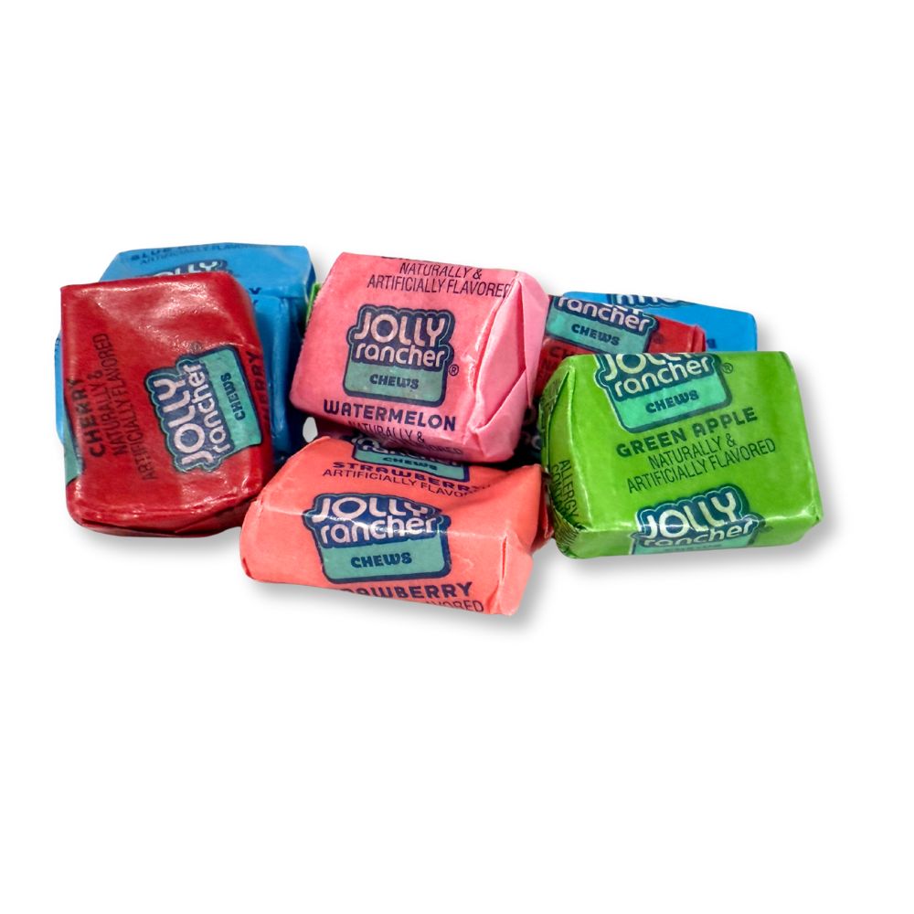 Assorted Jolly Rancher Fruit Chews candy in colorful wrappers, produced by Candy In Bulk, displayed in a close-up image.