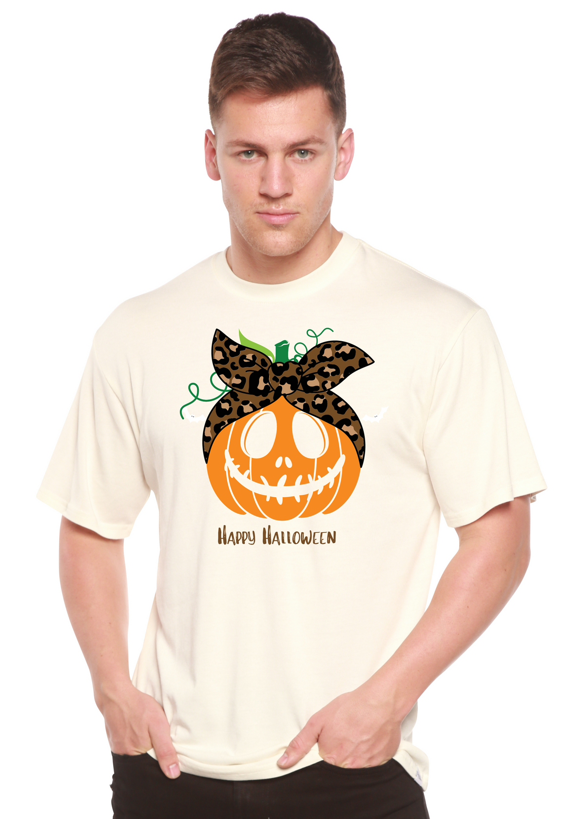 Happy Halloween men's short sleeve graphic T-shirt by Spun Bamboo featuring a festive Halloween design in bamboo viscose and organic cotton.