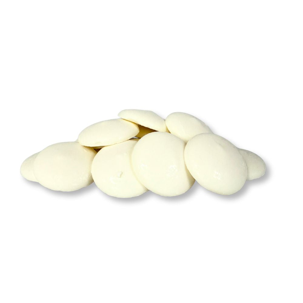 Merckens white vanilla-flavored candy coating and melting wafers from Candy In Bulk in a bulk bag, suitable for chocolate coating and baking.
