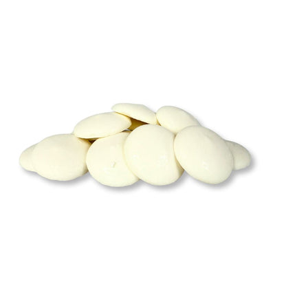 Merckens white vanilla-flavored candy coating and melting wafers from Candy In Bulk in a bulk bag, suitable for chocolate coating and baking.
