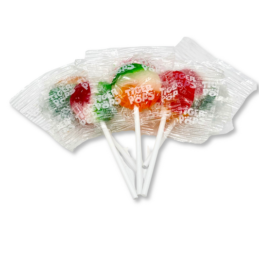 Assorted Tiger Pops lollipops in a bulk Candy In Bulk bag, colorful striped candies with fruity flavors, ready to enjoy.