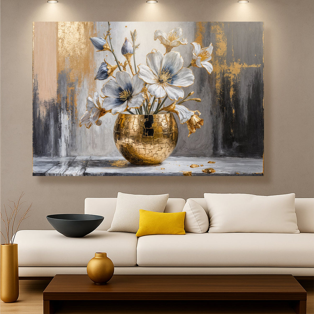 Gold abstract wall art canvas featuring a magnolia bloom design by Tailored Canvases.