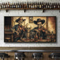 Canvas wall art featuring a cowboy skeleton design, Western-themed skull artwork by Tailored Canvases for rustic decor.