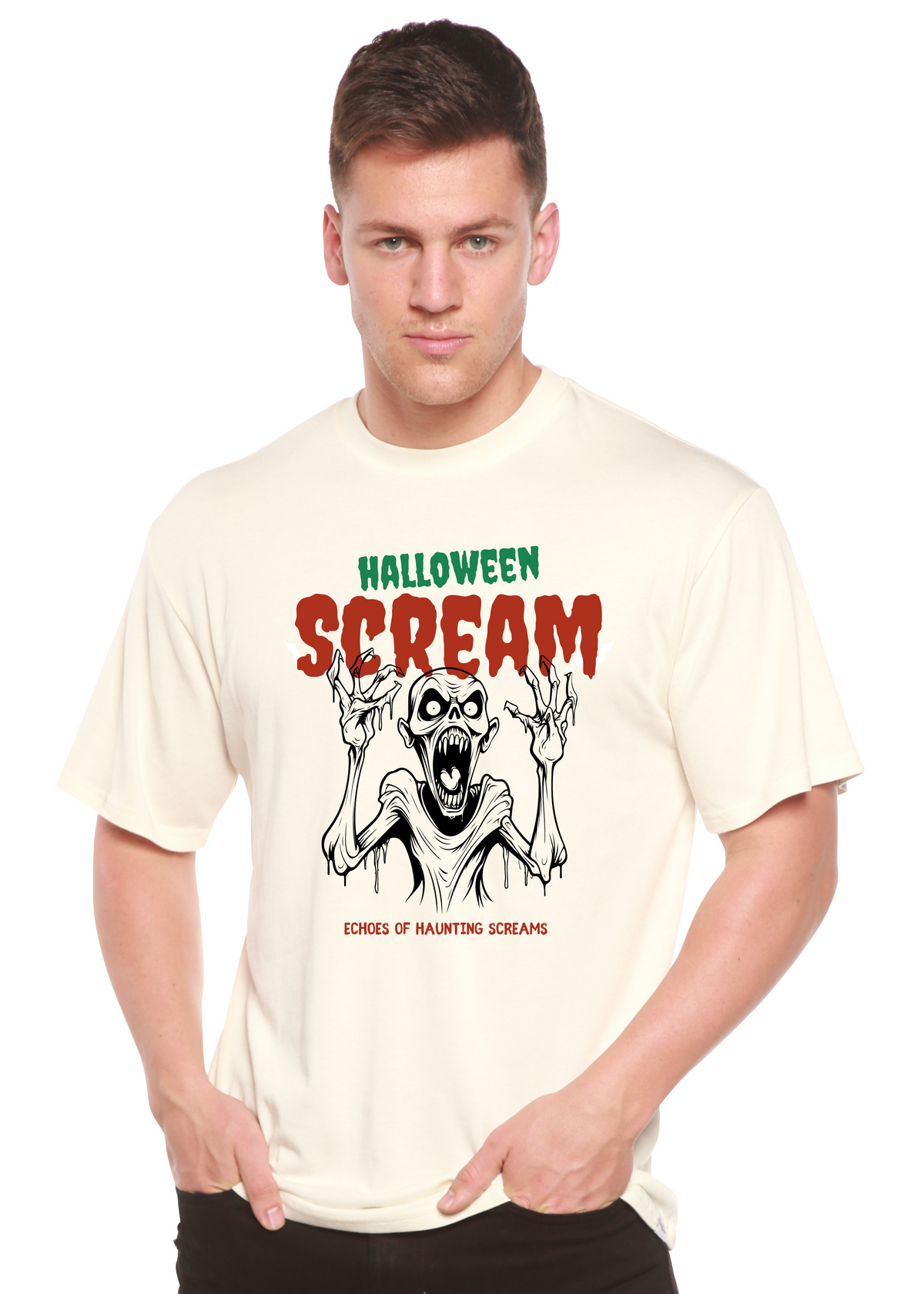 Spun Bamboo Halloween Scream men's short sleeve graphic T-shirt with spooky design in bamboo viscose and organic cotton fabric.