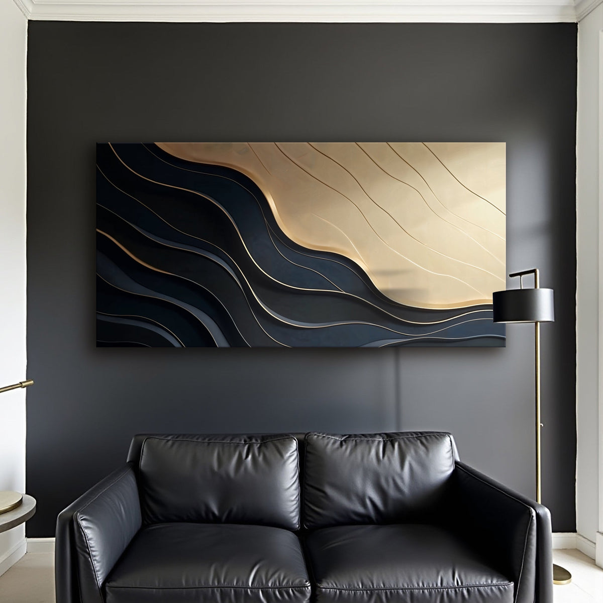 Black and gold minimalist abstract canvas artwork by Tailored Canvases, featuring modern geometric design on a large hanging canvas.