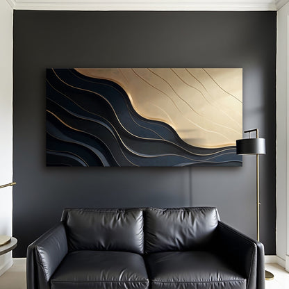 Black and gold minimalist abstract canvas artwork by Tailored Canvases, featuring modern geometric design on a large hanging canvas.