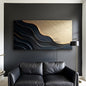 Black and gold minimalist abstract canvas artwork by Tailored Canvases, featuring modern geometric design on a large hanging canvas.