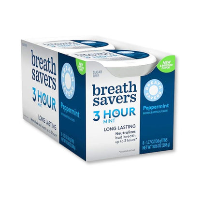 Candy In Bulk Breath Savers 3 Hour Mint sugar-free peppermint mints in a 1.27 oz tin, showing fresh peppermint candies inside.