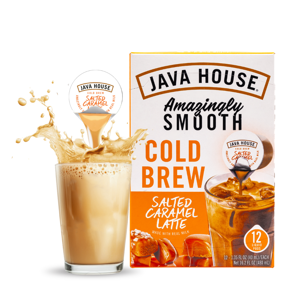 Cold brew latte with salted caramel flavor from Java House, featuring a glass filled with coffee and caramel syrup.