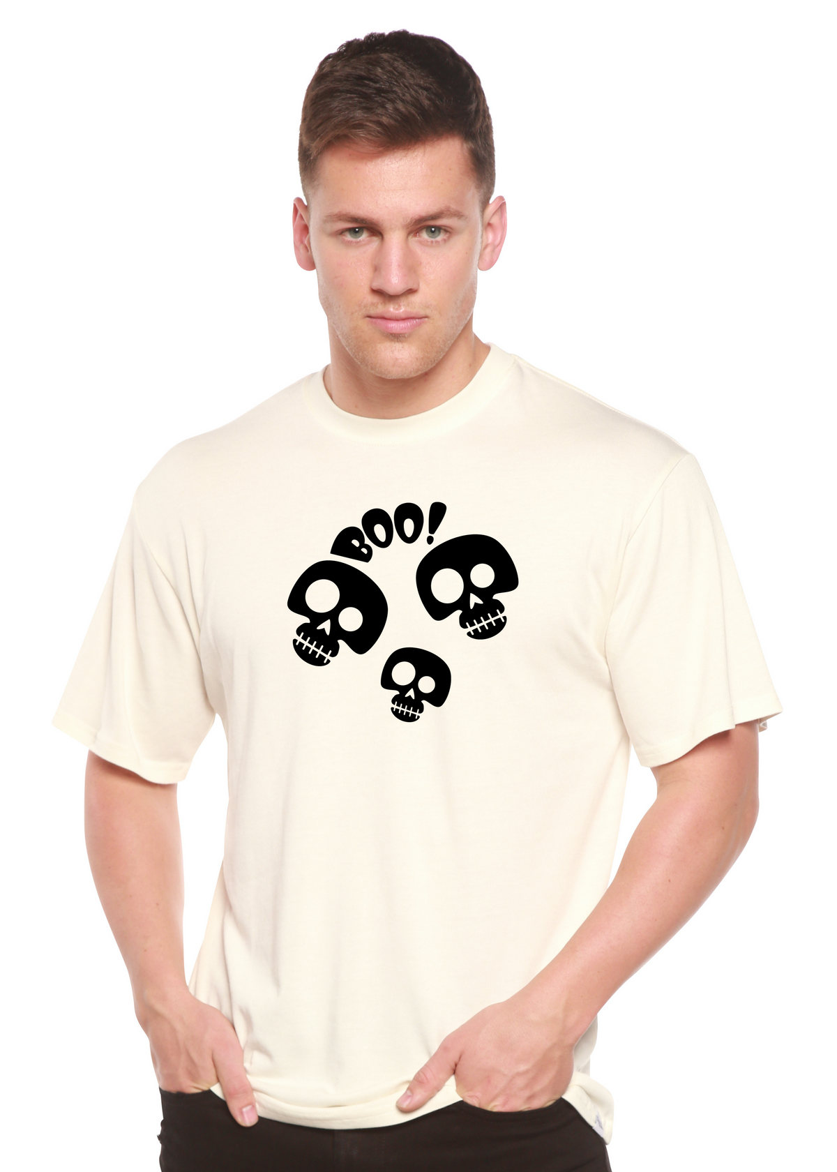 Spun Bamboo Halloween Boo unisex bamboo viscose organic cotton short sleeve graphic T-shirt with spooky design.
