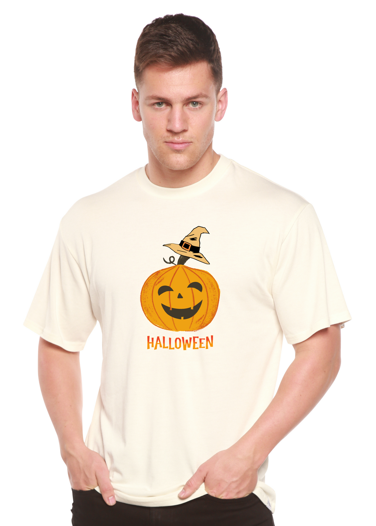 Men's Halloween pumpkin graphic T-shirt by Spun Bamboo, featuring short sleeves and unisex bamboo viscose organic cotton fabric.