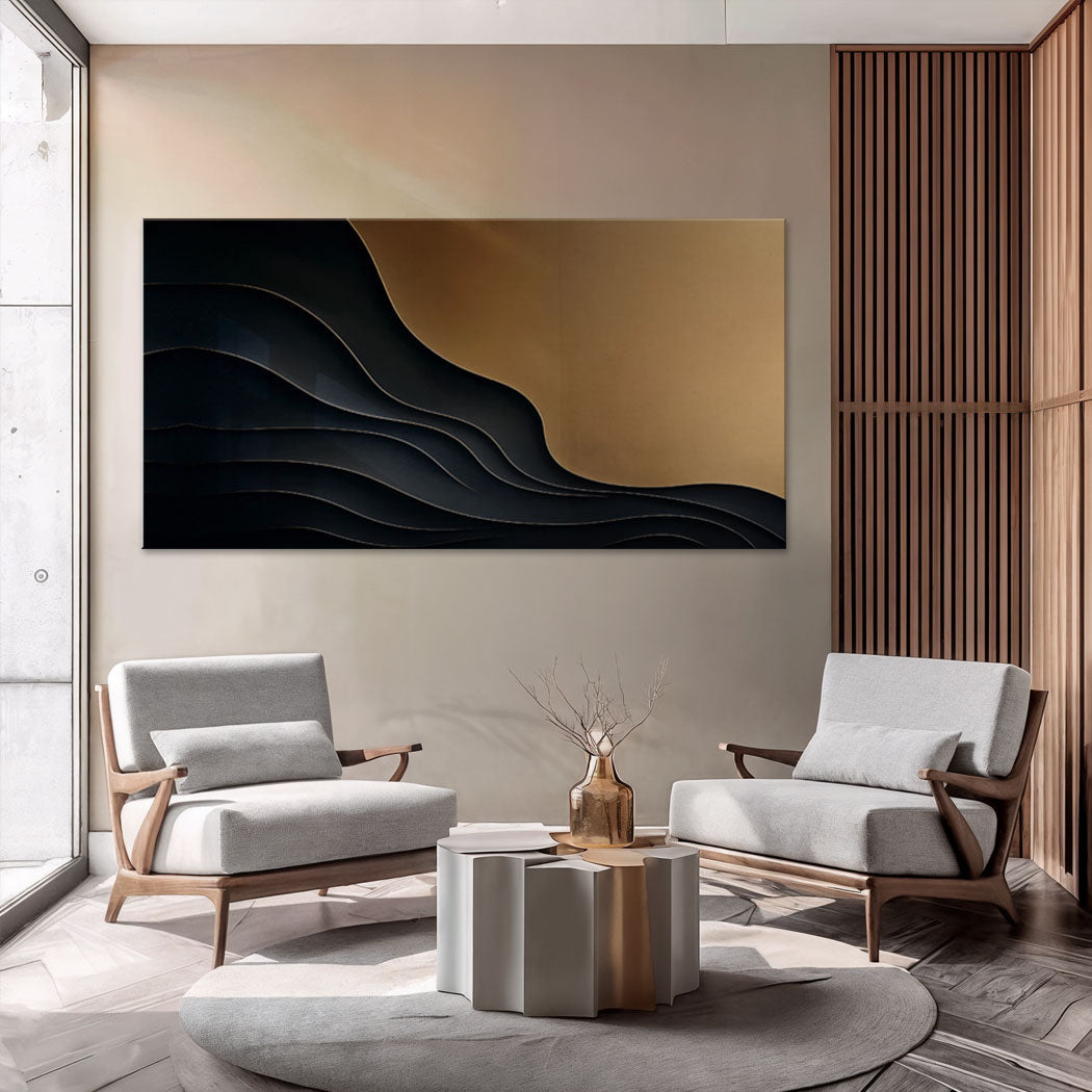 Black and gold minimalist abstract X canvas art by Tailored Canvases, featuring modern geometric design on a framed canvas.