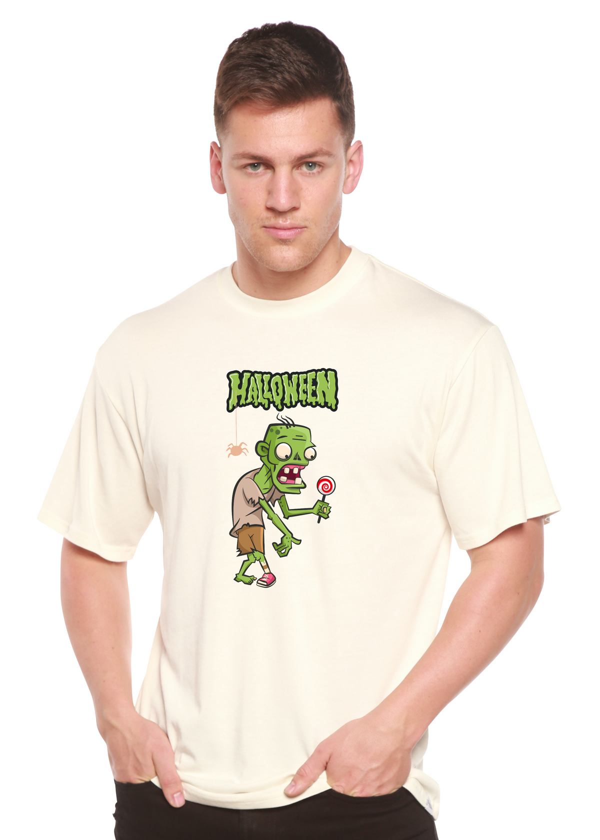 Unisex green monster Halloween T-shirt by Spun Bamboo with short sleeves and graphic print, made from bamboo viscose and organic cotton.