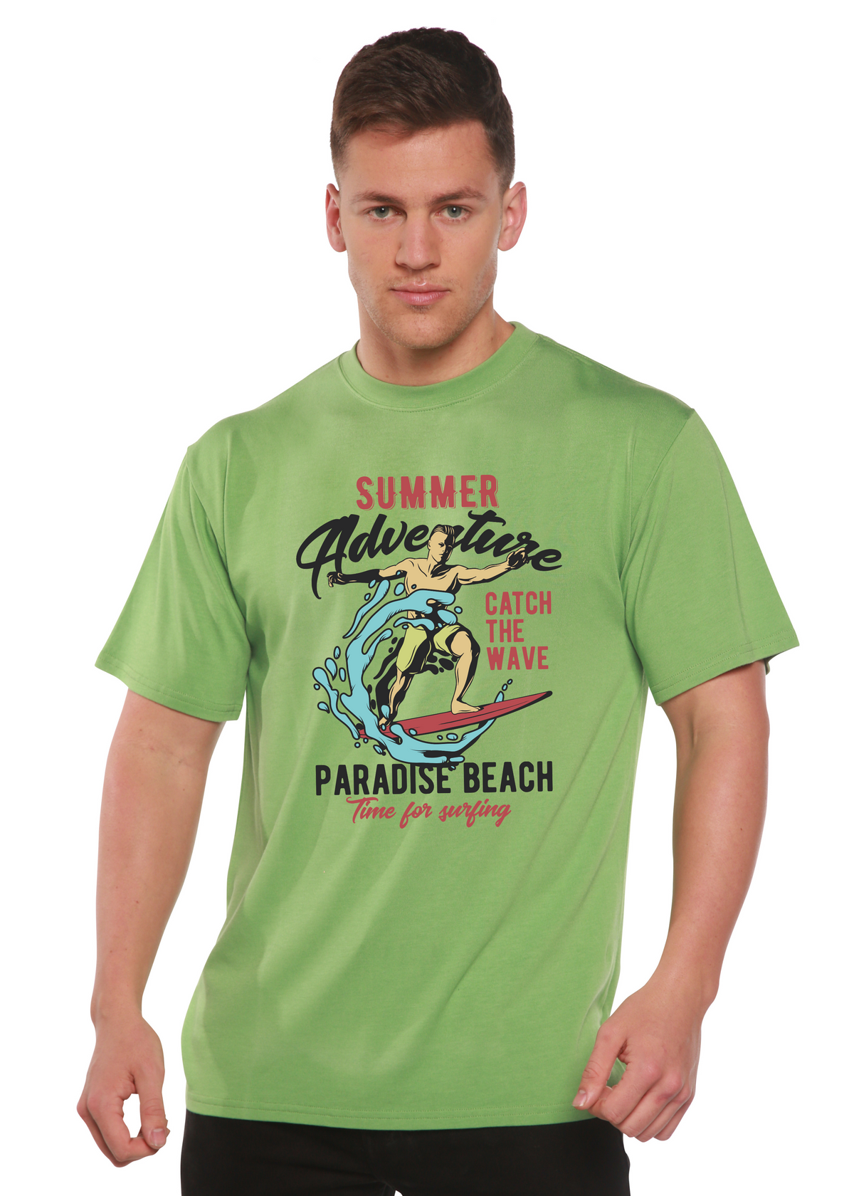 Men's graphic T-shirt by Spun Bamboo featuring a wave design, made from bamboo viscose and organic cotton, short sleeve, printed.