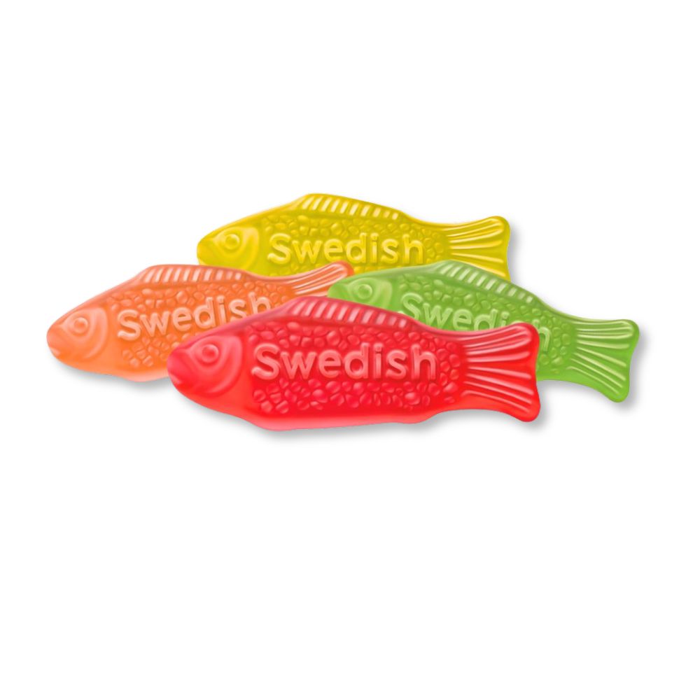 Assorted Swedish Fish soft and chewy candy in a bulk value bag, featuring colorful fish-shaped gummy candies from Candy In Bulk.