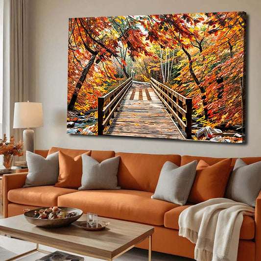 Autumn-themed crossing wall art on canvas by Tailored Canvases, featuring warm fall colors and scenic design.