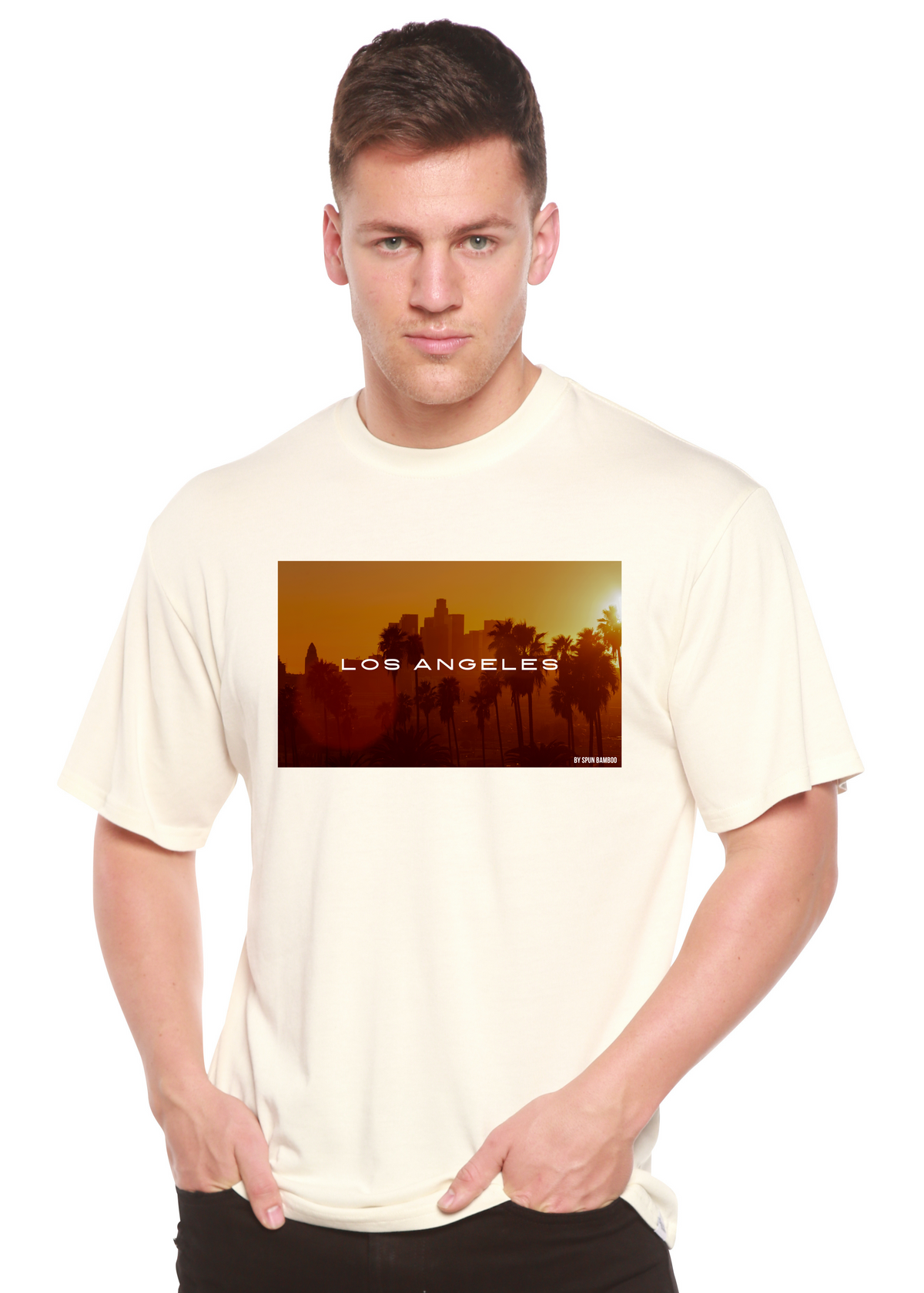 Spun Bamboo men's graphic T-shirt in bamboo viscose and organic cotton, featuring a Los Angeles-themed print on short sleeves.
