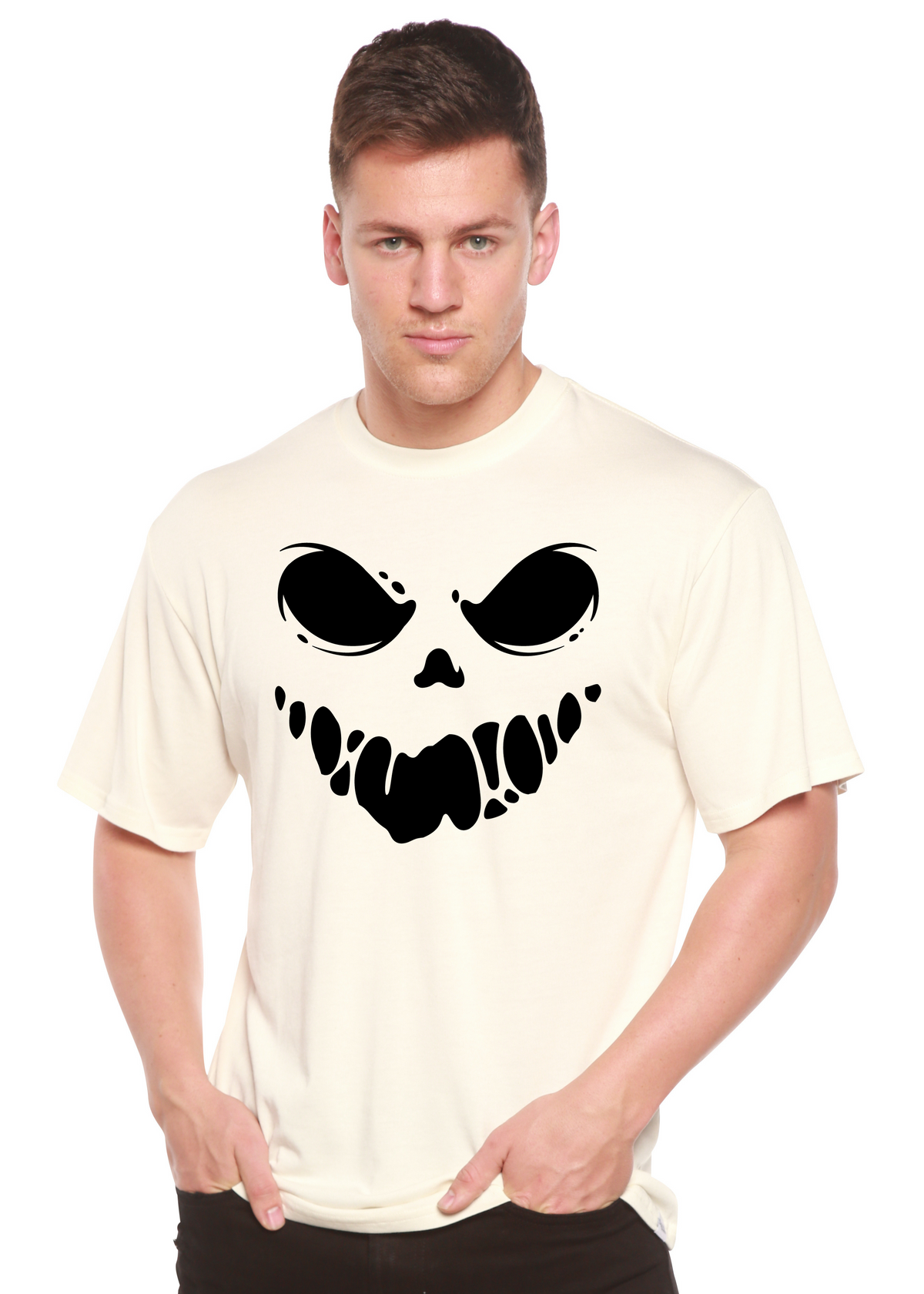 Spun Bamboo Halloween Boo men's short sleeve graphic T-shirt with spooky Halloween design in bamboo viscose and organic cotton fabric.